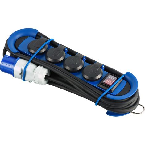 Electraline 62576 Multipresa Outdoor con Spina CEE, 4 Prese Schuko con tappo IP44, appendibile con 2 ganci+elastici fermacavo, Cavo in gomma 3M, H07RN-F 3G1.5, campeggio, caravan, blu/nero