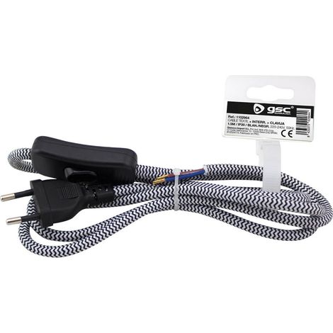 Cable textil 1.5M (2x0.75mm) clavija + interruptor blanco y negro GSC 001102964 (1/2)