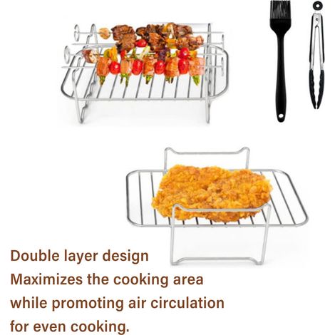 Ortviai Grille de cuisson double niveau en acier inoxydable 304, compatible airfryer et four, lot de 4 brochettes inclus (1/4)