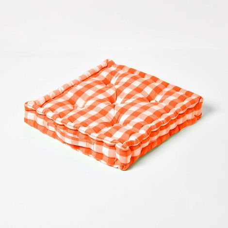 HOMESCAPES Orange Block Check Cotton Gingham Floor Cushion, 40 x 40 cm