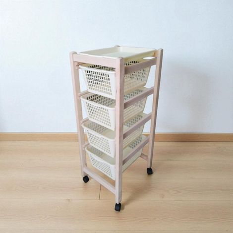 Carrello portafrutta JOLLY con cesti in plastica bianchi e legno Naturale. (1/4)