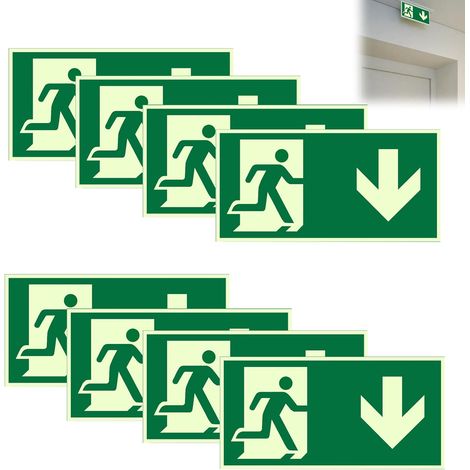 Lot de 8 panneaux de sortie de secours, phosphorescents, auto-adhésifs, pour l'intérieur, en PVC, avec flèches (1/5)