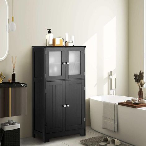 Rangement optimal Meuble salle de bain colonne 4 portes verre trempé dépoli étagère réglable armoire cuisine salon noir (1/5)