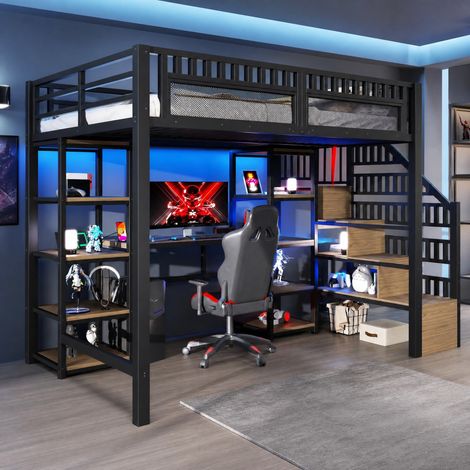 Hochbett 140x200 cm Schwarz aus Metall und MDF mit Schreibtisch, LED-Lichtleiste und Stauraum (1/5)