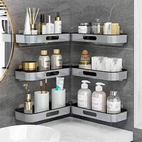 Lot de 3 étagères d’angle murales en plastique gris sans perçage, organiseur gain de place pour salle de bain, cosmétiques, accessoires et rangement d’angle pratique (1/5)