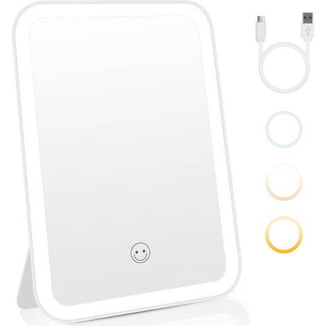 Miroir LED, Miroir Maquillage à 3 Lumières De Couleur, Mirroir Maquilleur Lumineux, Rechargeable Et Facile à Transporter (20 13,5 Cm Blanc) (1/5)