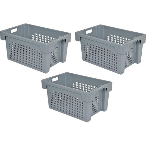 BRB Lot de 3 récipients empilables pivotants - Modèle ajouré - Dimensions : 600 x 400 x 300 mm - 50 l - Gris