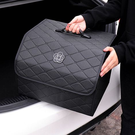 Kofferraum-Organizer, großes Fassungsvermögen, multifunktional, tragbare Aufbewahrungsbox aus PU-Leder mit Deckel, Schwarz – Größe XL (1/5)