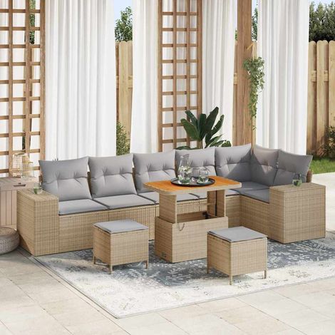 Gartensofa-set mit Kissen 9 pcs Beige und Hellgrau Poly-Rattan