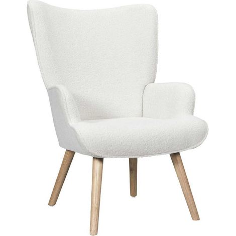 REGINA - Fauteuil de salon en tissu bouclette blanc pieds en bois d'hévéa (1/5)