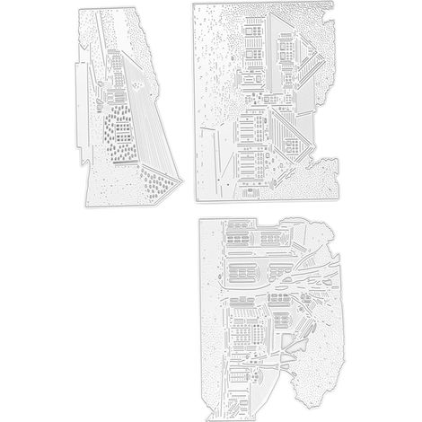3 pochoirs métalliques découpés à l'emporte-pièce, motif architectural 3D, pour la création de cartes et autres loisirs créatifs.