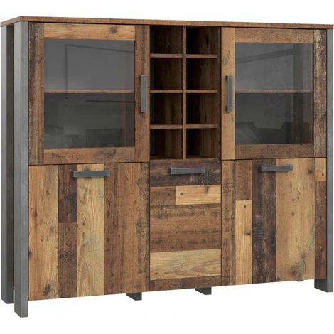 Buffet vitré 5 portes 18 niches effet bois vieilli béton gris – Dimensions 151x42x128 cm – Poids max 20 kg – Fabrication européenne – Meubletmoi (1/5)