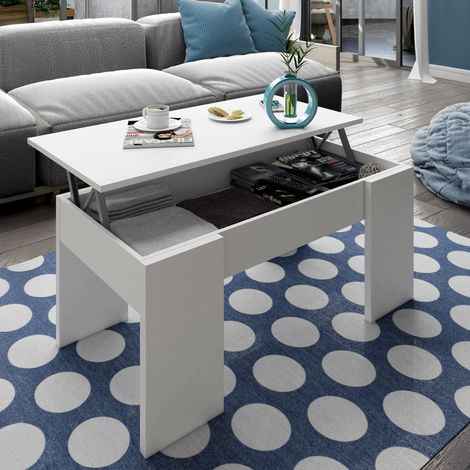 Dmora - Mesa de centro Dleal, Mesa de centro con tapa elevable, Mesa de centro para la sala de estar, 100x50h45/56 cm, Blanco brillante (1/5)