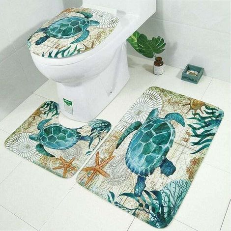 Tapis de bain doux antidérapant imprimé animal de mer 3 pièces ensemble de salle de bain tapis Contour couvre-toilettes housse de siège de toilette tortue de mer (1/4)