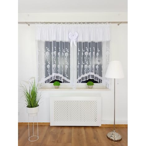Rideau prêt à poser en marquise 300x160 cm avec dentelle guipure blanche et ruban de zircon (1/5)