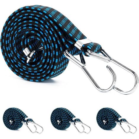 Juego de 4 cuerdas elásticas largas con ganchos resistentes - Correas elásticas de alta calidad para equipaje, bicicletas, camping, coche - Fijación para lonas (200 cm, azul) (1/4)