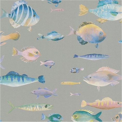 Papel pintado infantil Profhome 396961 papel pintado vinílico estampado en caliente tejido non tejido ligeramente texturado con dibujo de animales mate gris azul amarillo rosa 5,33 m2
