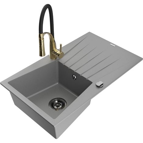 Mexen Cesar évier en granit 1 bac avec égouttoir et robinet de cuisine Aster, gris - 6514-71-73450-57-B (1/5)