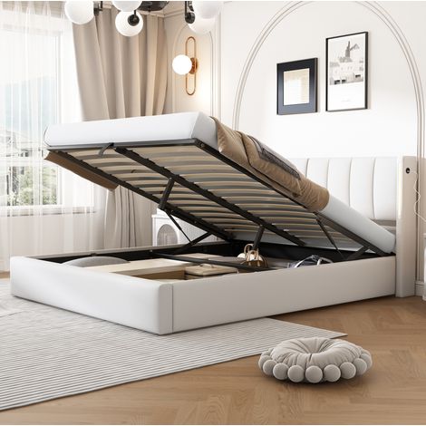 Lit rembourré 140/190 cm blanc en PU avec rangement, tête réglable et ports USB (1/5)