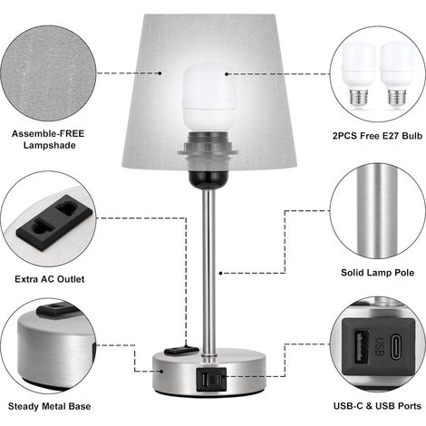Lampe de chevet idéale pour avec ports USB-A+C et prise secteur, 1 lampe, 3 niveaux de gradation, salon, tactile, gris base argent givré, chambre (1/5)