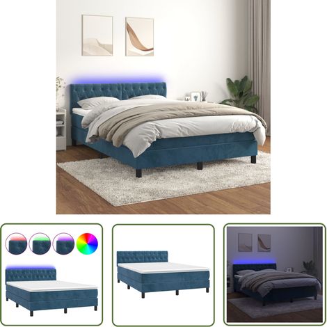 The Living Store Sommier à lattes de lit avec matelas LED Bleu foncé 140x190 cm - Lit Plateforme - Lit Design - Lit Velours - Lit Avec Led - Lit Double (1/5)