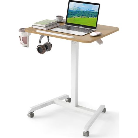 Bureau mobile pliable 60 x 48 x 76-111 cm réglable en hauteur avec porte-gobelet et crochet en bois d'ingénierie naturel