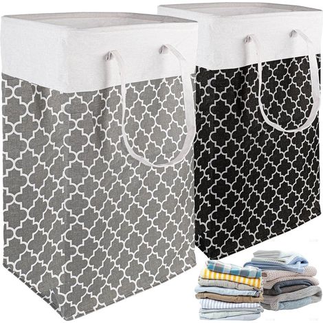 Set di 2 grandi cesti portabiancheria pieghevoli da 75 litri con manici lunghi rinforzati, impermeabili per uso interno, stretti per la camera da letto. (1/5)
