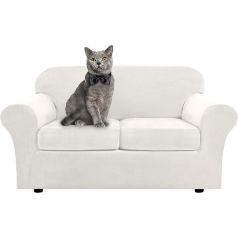 Soft stretch velvet sofa cover with separate cushion covers for 1, 2, 3 seater sofas with anti-slip strap for living room, bedroom (white, 2 seater) (1/5)