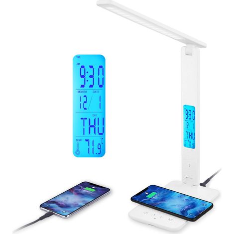 Lampe de bureau LED avec chargeur sans fil et USB, lampe de bureau flexible et réglable, commande tactile, écran LCD avec fonctions heure, alarme et température (blanche) (1/5)