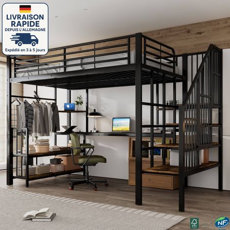 MODFU - Cama alta infantil de metal 120×200cm, cama individual, con puerto de carga, sin colchón, anticaída, negra, con escritorio y estantes (1/5)