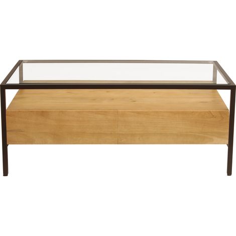 Rechteckiger Couchtisch mit Stauraum aus massivem Mangoholz, Glas und schwarzem Metall B100 cm SITA