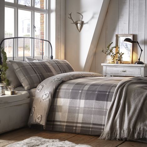 Housse de Couette à Carreaux Gris 140 x 200 cm 1 taie d'oreiller 100% Coton brossé Doux Design réversible Parure de lit en Flanelle Grise avec hérissons (1/5)