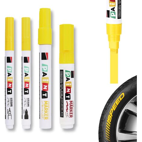 Lot de 4 crayons jaunes imperméables pour pneus avec pointes de 0,7 mm, 1 mm, 3 mm et 8 mm, haute capacité pour pneus, métal, plastique, verre, bois et pierre (1/5)