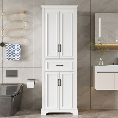 Armoire haute de salle de bain 60x40x180 cm MDF blanc avec tiroir et doubles portes OKWISH (1/5)