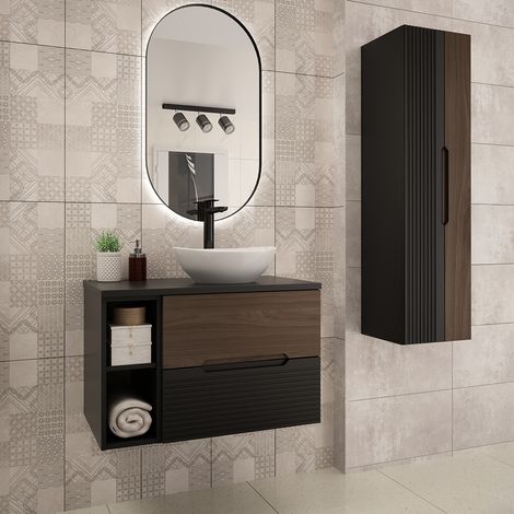 Waschtisch und Hängesäule 80cm Sylla mit 2 Schubladen, Schwarz und Holzoptik