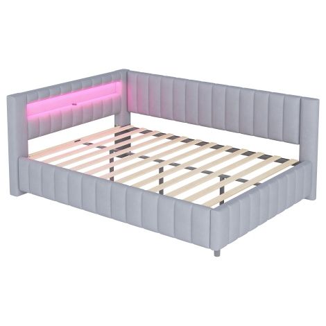 Lit banquette 140x200 velours gris LED USB dossier et tête de lit