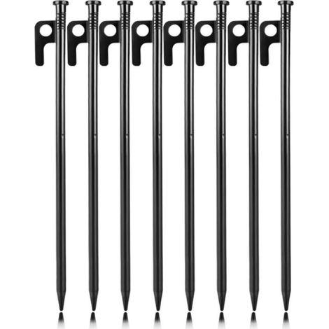 (Paquet de 8) 25 piquets de tente en acier forgé, piquets de tente robustes, piquets de camping avec crochets, piquets de fixation pour sol dur pour tentes, bâches, plages et jardins. (1/5)