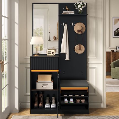 Modernluxe - Ensemble vestiaire d'entrée avec LED - Meuble à chaussures et banc - Avec miroir et crochets - 1 tiroirs et 2 portes - Noir (1/5)