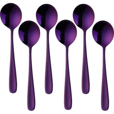 Ensemble de 6 cuillères à soupe, cuillère à bouillon de 18 cm, cuillères à dessert en acier inoxydable 18/10 (violet) (1/5)
