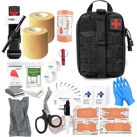 Trousse de Secours Militaire, 19 Variantes, 61 Pièces Trousse de Premiers Secours, First Aid Kit Outdoor pour Voiture Maison Lieu de Travail Voyage Camping Randonnée Et Sports En Plein Air(Noir) (1/5)