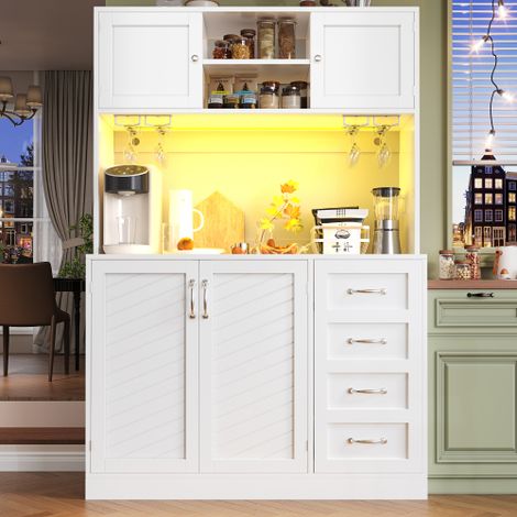 Credenza 120x40x188 cm, buffet, mobile contenitore, con illuminazione LED, scaffale per snack e porta bevande, 4 ante e 2 ampi cassetti - Bianco (1/5)