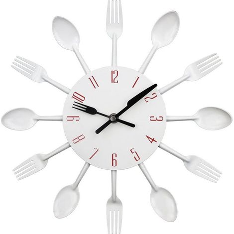 Horloge de cuisine à effet miroir avec cuillère et fourchette 32x32x4CM blanc, autocollant 3D amovible pour la décoration de la maison (1/5)