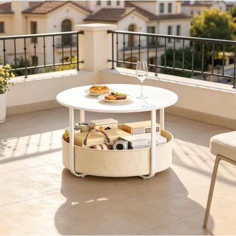 Mesa de centro redonda con cesta de almacenaje, Ø 80 x H 50 cm, beige DESVIAE (1/5)