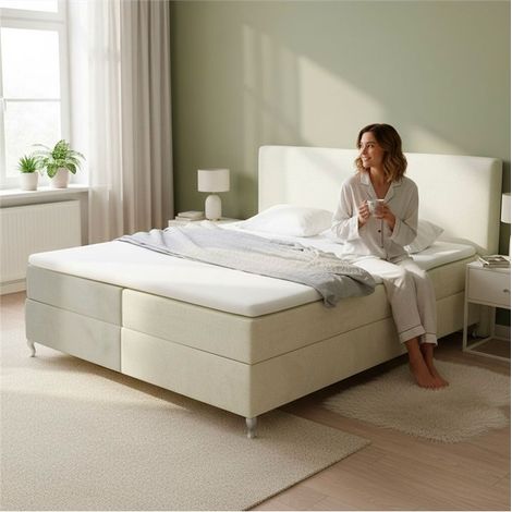 Lit Coffre Bicolore 160x200 cm Velours Alcantara beige et sable avec Matelas et Rangement Integre (1/5)