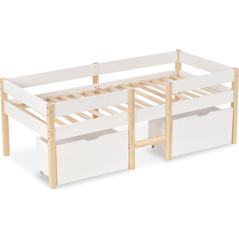 Lit enfant avec tiroir et barrière de sécurité, pin massif - 90 x 190 cm - Blanc & Chêne (1/5)