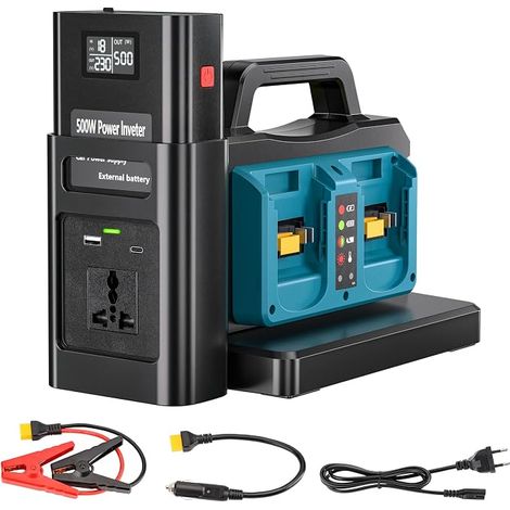Pure 500W Sine Wave Inverter for 18V Battery (No Battery), Converts DC 18V to AC 230V, with Car Charging Socket, for Camping and Emergencies (4 Ports) (1/5)