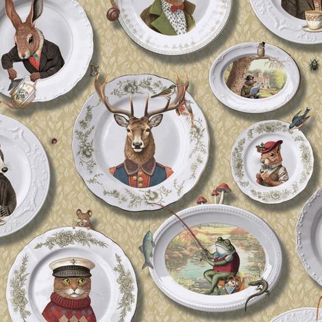 Holden Vintage Tea Party Ochre Wallpaper Animals Plates Paste The Paper (1/4)