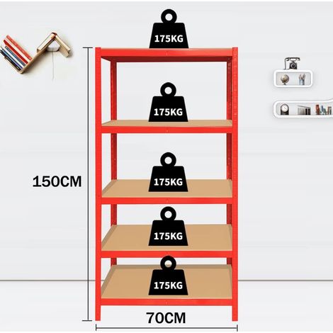 150 x 70 x 30cm Garage Shelving Unit 5 Tier Heavy Duty Racking Storage Boltless Shelves, 175kg Load Weight Per Tier, 875KG Capacity, For Kitchen, Workshop, Office, Bathroom, Supermarket, Red (1/4)