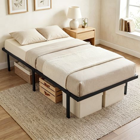 Cadre de lit métallique 90 x 200 cm avec espace de rangement sous le lit, sommier à lattes, sans sommier tapissier. (1/4)