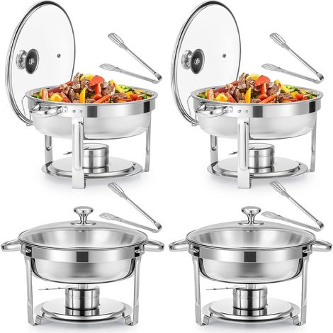 Lot de 4 Buffets Chauffants Ronds Chafing Dish Rond 5,5L Chauffe Plat à Combustible en Acier Inoxydable Alimentaire avec Couvercle en Verre pour Les Fêtes Buffets Banquets Dîners (1/5)